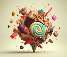  sweet explosion of colorful candies and lollipops on a light background.Generative AI. 