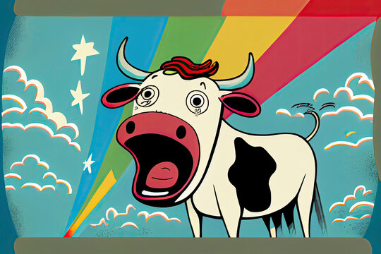 cartoon of a bored cow yawning with a rainbow coming out of it's mouth