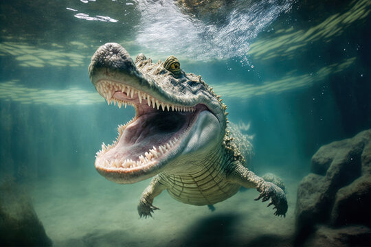 crocodile underwater with mouth open. generative ai
