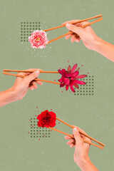 Creative abstract template collage of hands holding chopsticks different flowers ecology vegetarian...
