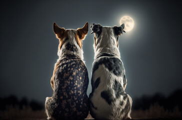 Two dogs in love looking at the moon, view from behind. Generative AI - 567008923