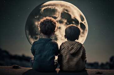 Two boys looking at the moon, view from behind. Generative AIon