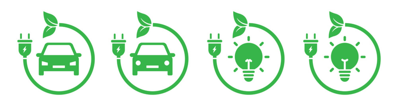 Eco energy icon. Car eco electric icon. Bulb eco electric icon, vector illustration