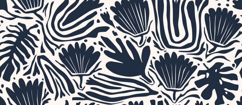 Fototapeta Hand drawn minimal abstract organic shapes seamless pattern, leaves and flowers.