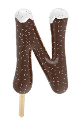 Letter N uppercase chocolate popsicle with cream and sprinkles - 3d rendering