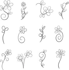 Floral Line Art Flowers and Leaves Doodle Illustrations in Vector