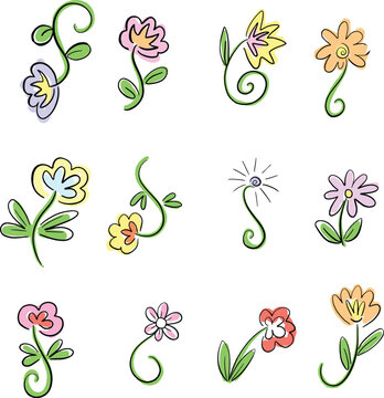Floral Line Art Flowers and Leaves Doodle Illustrations in Vector