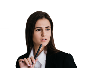Close up portrait of thoughtful young brunette businesswoman looking away, touching chin by pen, planning a day over transparent background. Business and finance concept. Remote working and education.