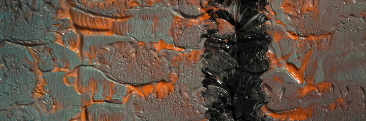 Heavily textured background in shades of celadon, orange, brown and black. Paint-covered surface.