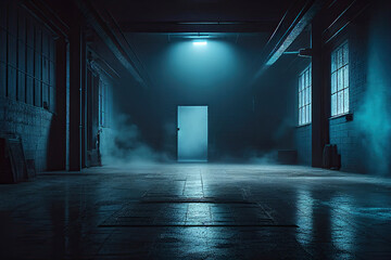 Interno edificio con fumo e atmosfera dark blu - obrazy, fototapety, plakaty