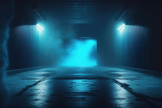 Interno edificio con fumo, atmosfera dark blu e riflettori