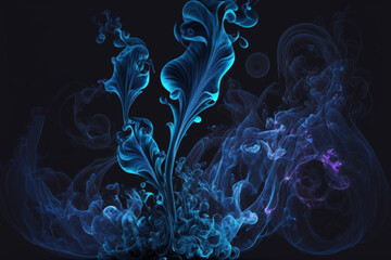 On a dark background, abstract blue smoke and steam are moving. The idea behind aromatherapy. Generative AI