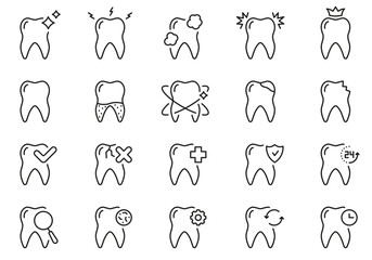 Tooth Line Icon Set. Oral Care and Hygiene. Dental Treatment. Toothache, Caries, Whitening, Cleaning Teeth Linear Pictogram. Dentistry Outline Symbol. Editable Stroke. Isolated Vector Illustration