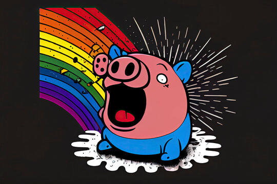 cartoon of a bored pig yawning with a rainbow coming out of it's mouth