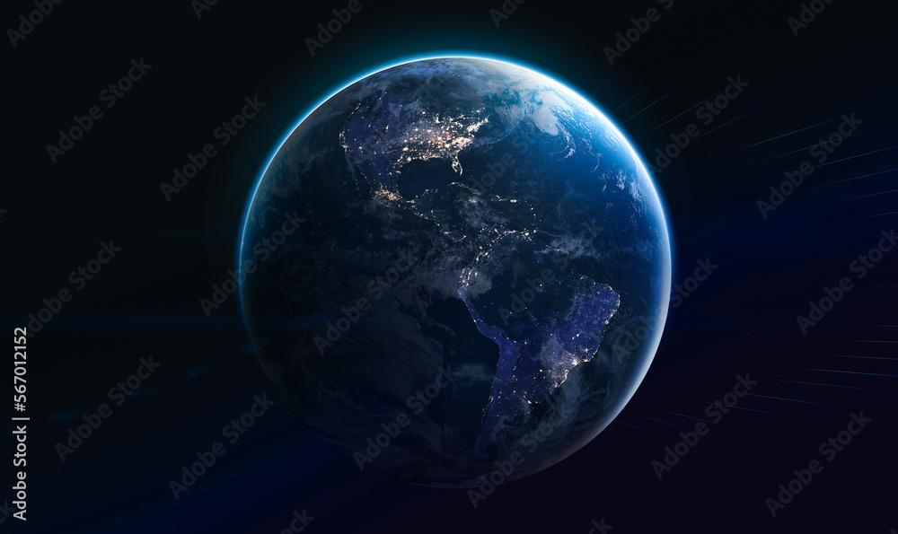 Wall mural blue planet earth at night. earth in deep black space. america continent. elements of this image fur