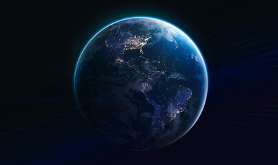 Blue planet Earth at night. Earth in deep black space. America continent. Elements of this image furnished by NASA - obrazy, fototapety, plakaty