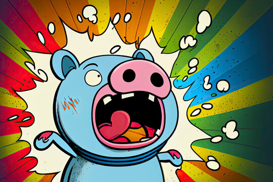 cartoon of a bored pig yawning with a rainbow coming out of it's mouth