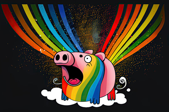 cartoon of a bored pig yawning with a rainbow coming out of it's mouth