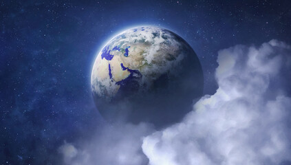 Earth in space with clouds. Planet in deep blue space. Fantasy Universe sci-fi wallpaper. Elements of this image furnished by NASA