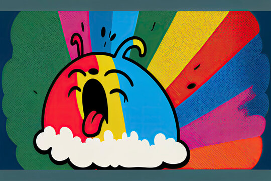 cartoon of a bored rabbit yawning with a rainbow coming out of it's mouth