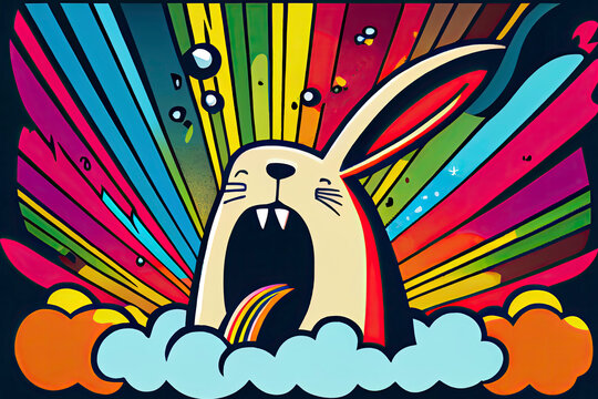 cartoon of a bored rabbit yawning with a rainbow coming out of it's mouth