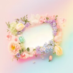 Creative Spring frame made of fresh, pastel, field flowers and leaves. Copy, empty space. Soft pastel background, flat lay. Floral colorful decoration. Illustration, Generative AI.