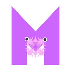 decorative stylized animal lilac letter M. mustachioed muzzle with pointed ears. cat, dog, mouse. funny ABC. isolated picture on white. children's poster. emoji. print, sticker, clipart.