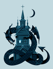 Fantasy dragon sits near the church. Night. Character design.