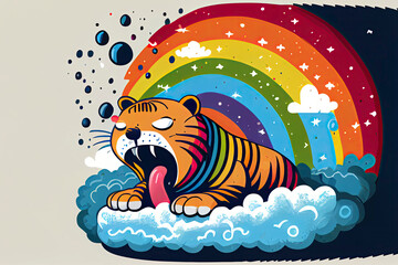 cartoon of a bored tiger yawning with a rainbow coming out of it's mouth