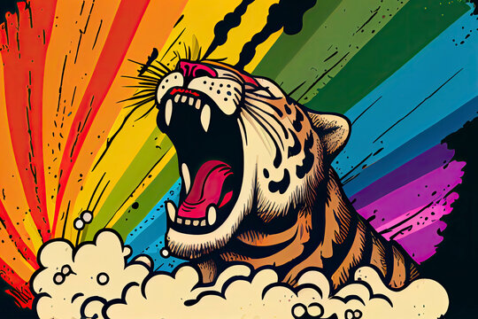 Cartoon Of A Bored Tiger Yawning With A Rainbow Coming Out Of It's Mouth