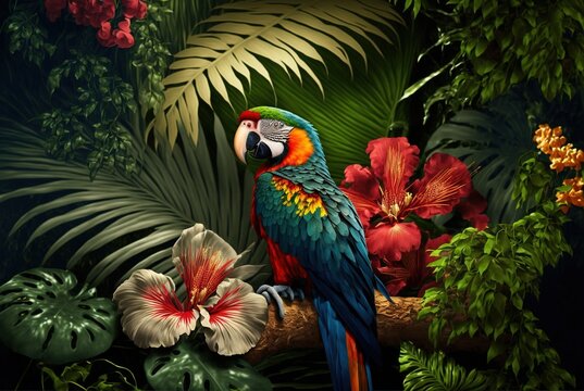 Macaw parrot in the jungle, Generative AI