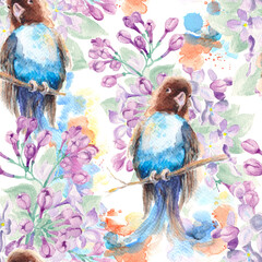 Fantasy exotic Seamless pattern with Blue-masked lovebird and Lilac branch. Blue parrot. Realistic Illustration - watercolor botanic  animalistic graphic.