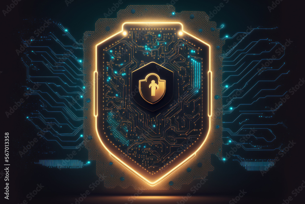 Poster notion of secure networking and cybersecurity. gdrp for data protection. a background of glowing dig