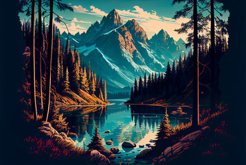 Generative AI illustration o a Yosemite's snowy mountains scenic, cloudy sky, rocks, forests and mirrored lake.