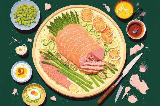 Overhead view of Easter dinner with spiral cut ham, asparagus, and roasted salmon. Generative AI