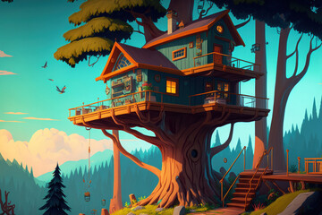 mountainside treehouse, a kid's treehouse. Generative AI