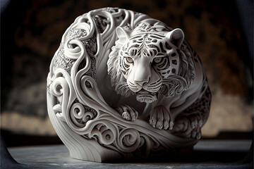 Big cat statue made of marble stone with silver filigree. Generative Ai.