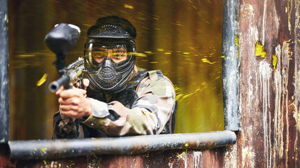 Paintball, gun and soldier with a sports man playing a military game for fun or training outdoor....