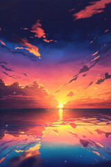 Fototapeta na wymiar Beautiful sunset in the ocean in anime style generative AI
