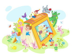 Magical book of fairy tales with its funny characters. In cartoon style. Isolated on white background. Vector illustration. International children's book day