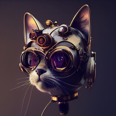 A robotic cat head made from different mechanical parts, steampunk style. Generative Ai.