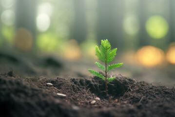 Close-up of a young fir tree sprouting in the forest, other trees visible in the out of focus background. Generative AI illustration