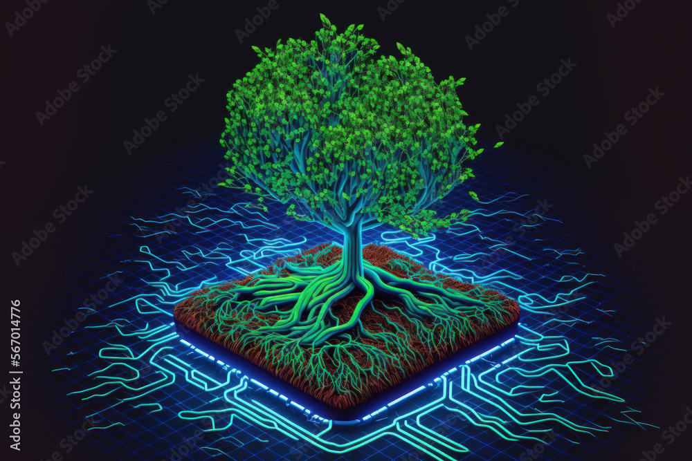 Poster on the junction of the circuit board for the computer, a tree with soil is sprouting. background of 