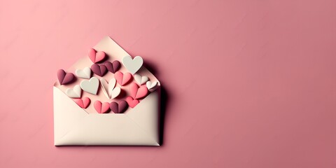 Flat layout of a love letter envelope with paper-craft hearts on a pink backdrop for an anniversary or Valentine's Day. Generative Ai.
