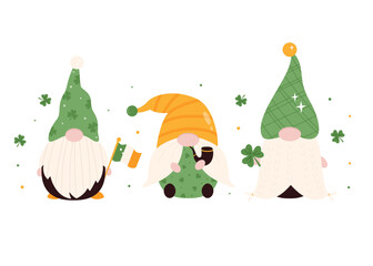 Set of cartoon leprechauns, gnomes in hats, with traditional holiday symbols. Funny Irish characters on white background