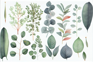 Set of watercolor drawings of plants of eucalyptus leaves, tropical leaves, monstera, botanical pattern on a white isolated background. Festive wedding concept. soft vintage colors. Generative AI