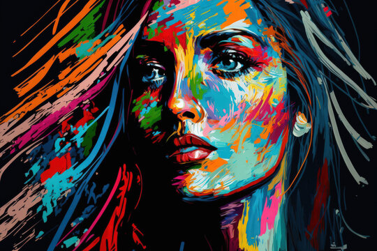 paint on canvas with oil and acrylic. Imaginary, colorful painting of a young woman or girl. modern oil painting of a woman's face created by the artist Drawing background color paint design and expre