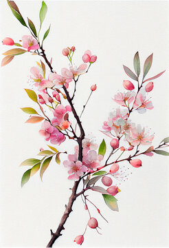 Fototapeta Blooming branch of pink cherry flowers, sakura in a watercolor style on a white watercolor paper background close-up, spring beauty and flowering concept. Generative AI