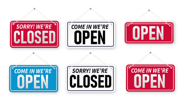 Set of bussiness hanging signboard, we're open and closed. Closed and open. Red sign Sorry we are closed for holidays, with shadow isolated on red background. Vector