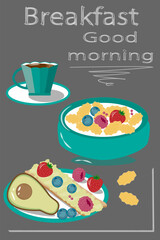 healthy breakfast cereal milk avocado strawberries blueberries raspberries crispbread cup of coffee on a gray background